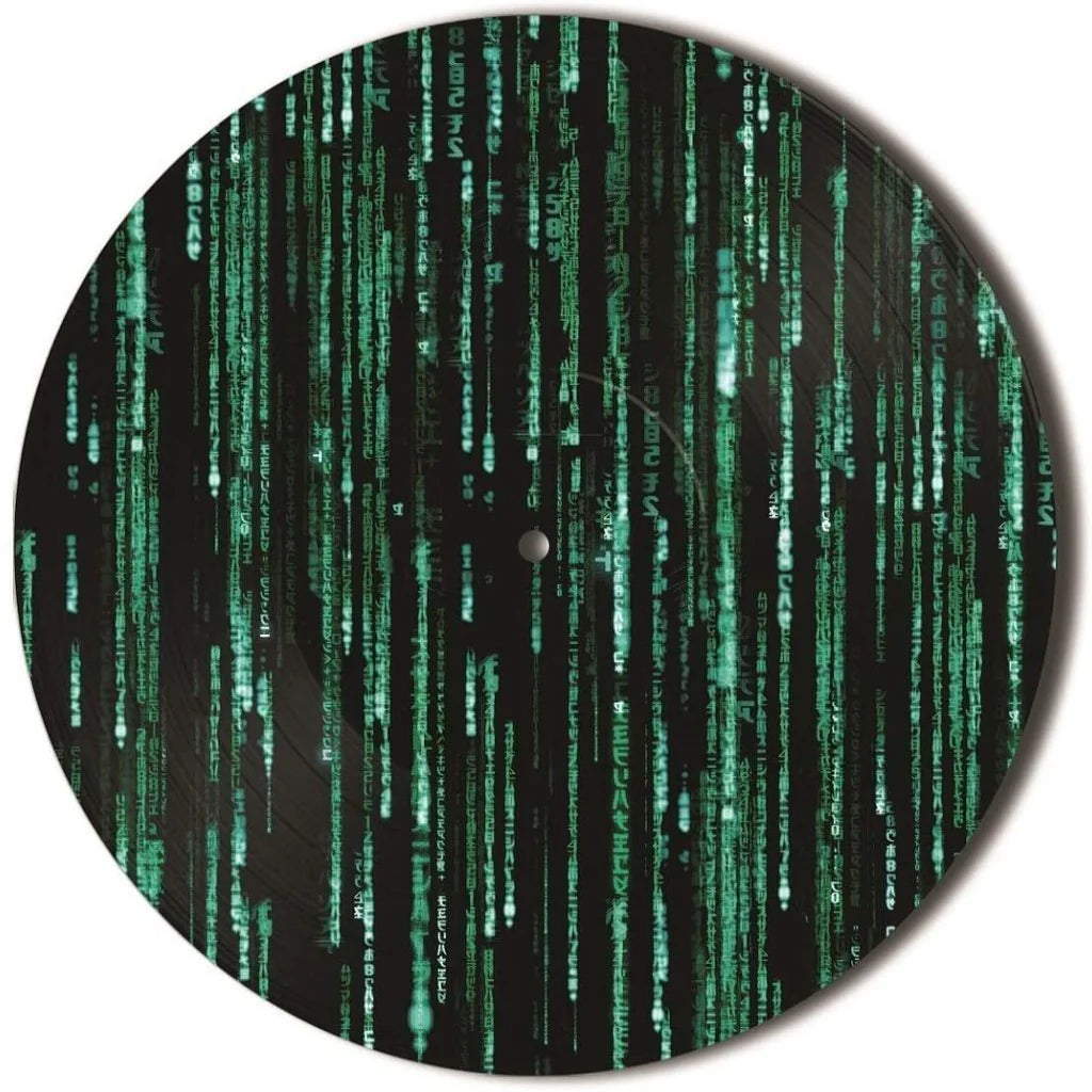 Vinyl record with Matrix-style green code text on a black background