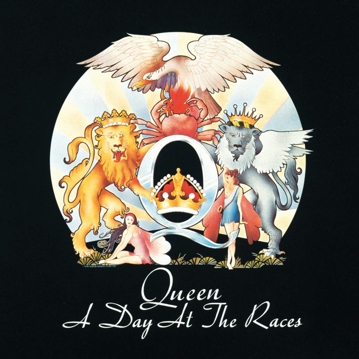 Album cover for 'A Day at the Races' by Queen featuring a colorful design with animals and text.