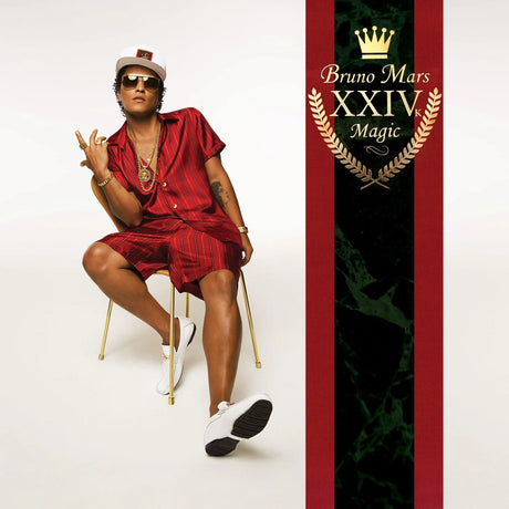 Person in red outfit sitting on a chair next to 'Bruno Mars XXIV Magic' album cover.