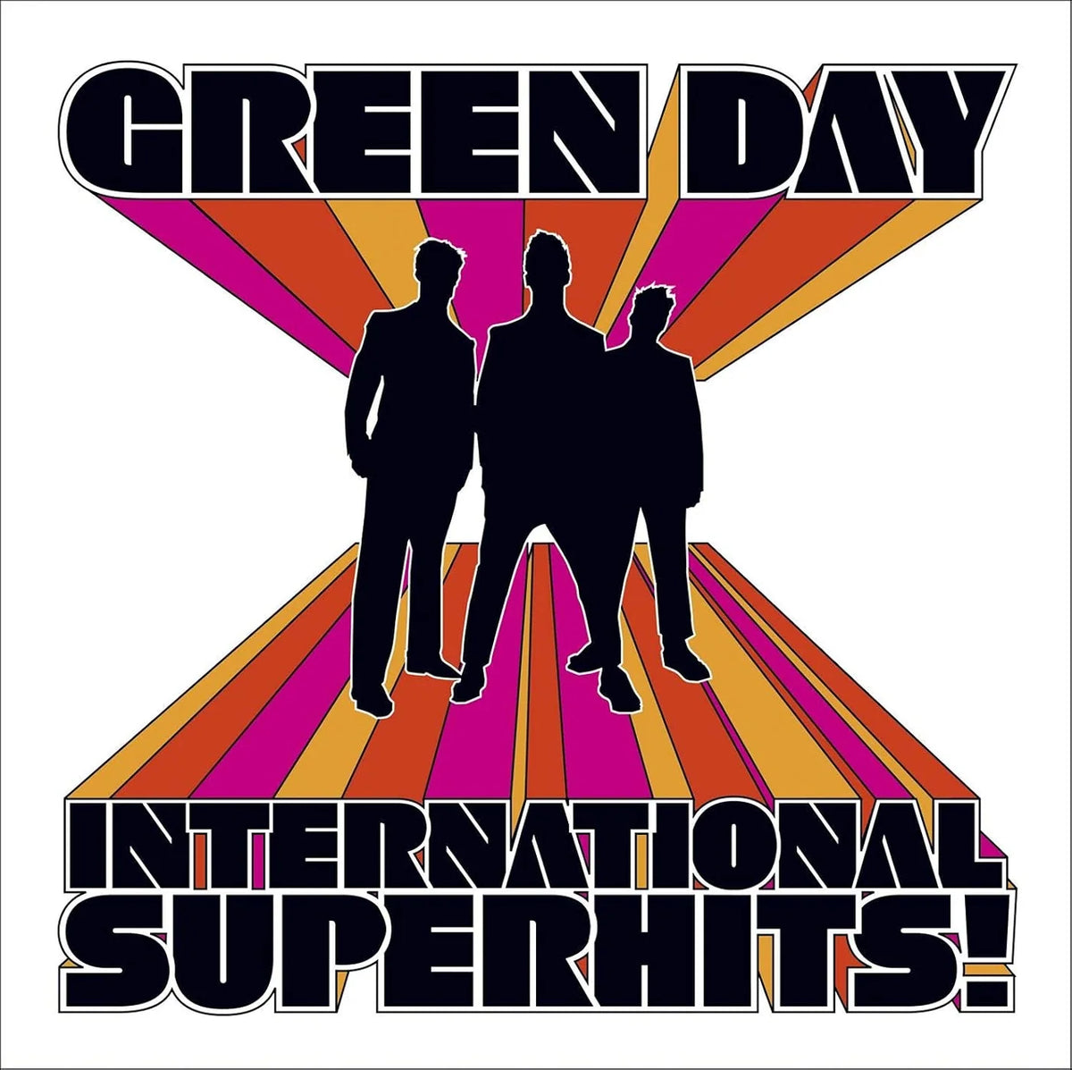 Album cover for Green Day's 'International Superhits!' with silhouettes of three people against a colorful striped background.