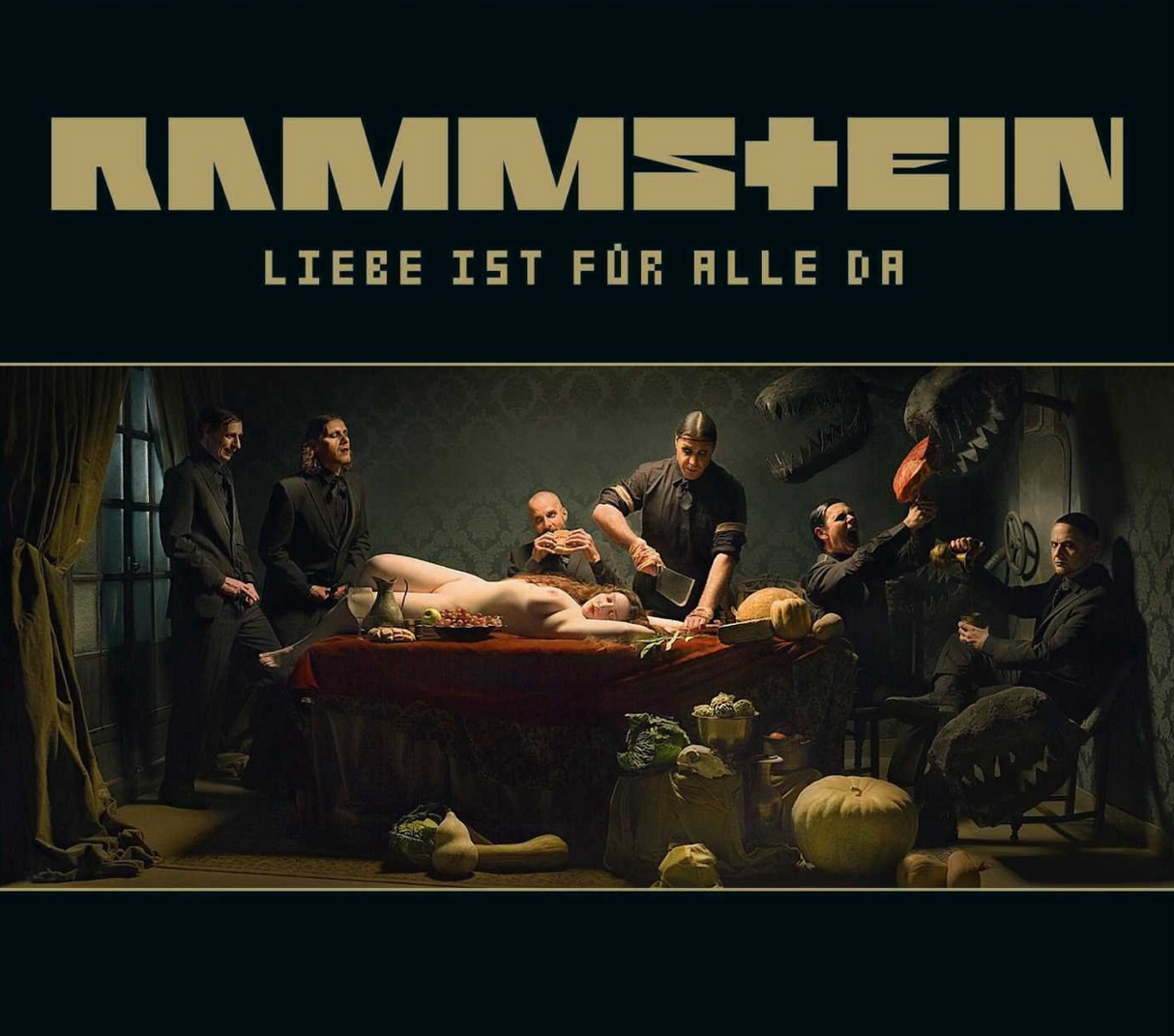 Album cover for Rammstein's 'Liebe ist fur alle da' with a group of people around a table.