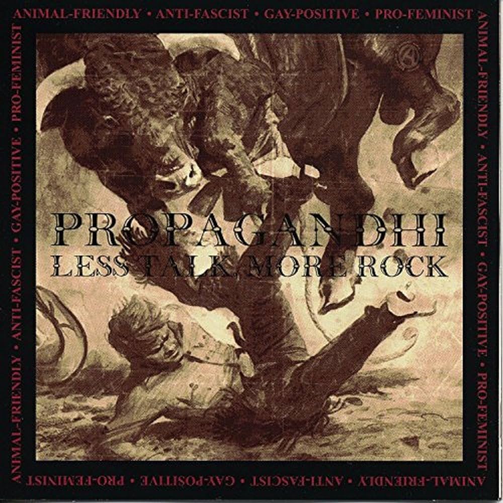 Album cover with text 'Propaganda: Less Talk, More Rock' and artistic depiction of figures in a historical scene.
