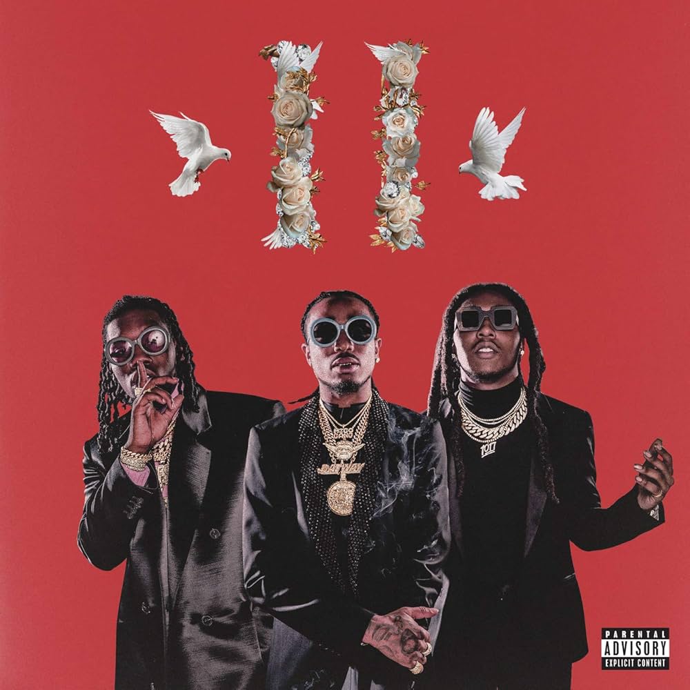 Three men in suits with sunglasses on a red background with flowers and doves.