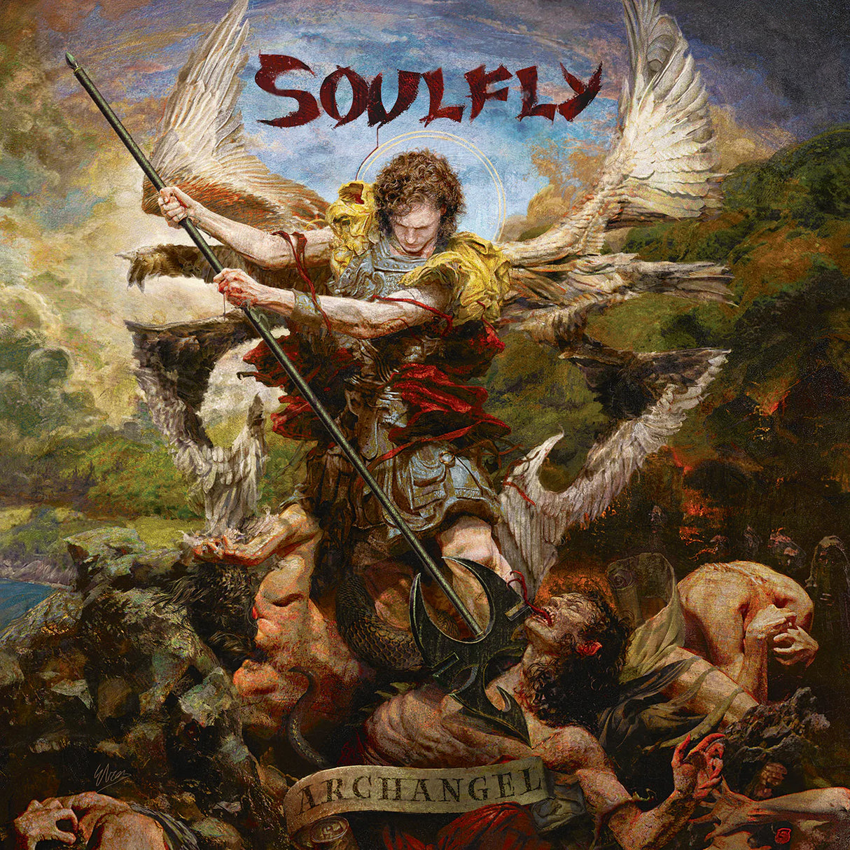 Album cover for 'Archangel' by Soulfly featuring an angelic figure with a spear and wings.