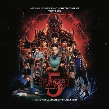 Album cover for 'Stranger Things' with characters and logo on a dark background