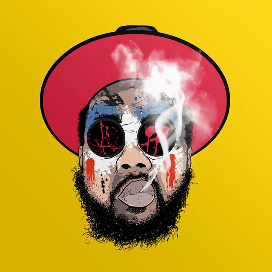 Artistic illustration of a person with a red hat and colorful face on a yellow background