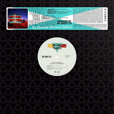 Vinyl record with a black geometric patterned background