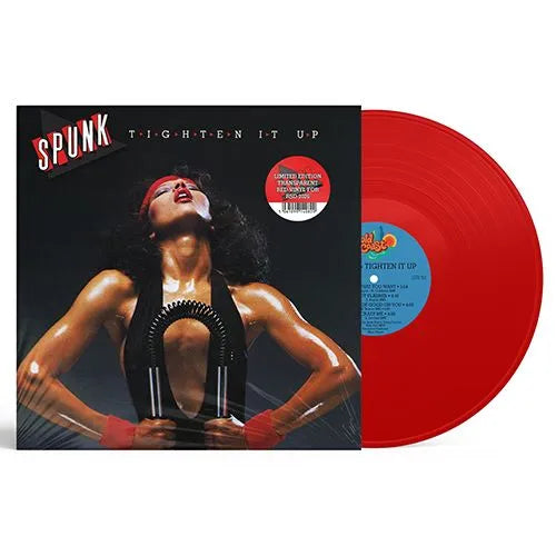 Red vinyl record with 'Spunk' album cover featuring a woman.
