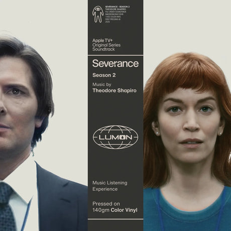 Vinyl record cover for 'Severance' Season 2 with two characters and Lumon branding.