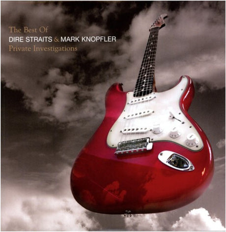 A red electric guitar against a backdrop with clouds, likely representing a studio album cover for Dire Straits & Mark Knopfler.