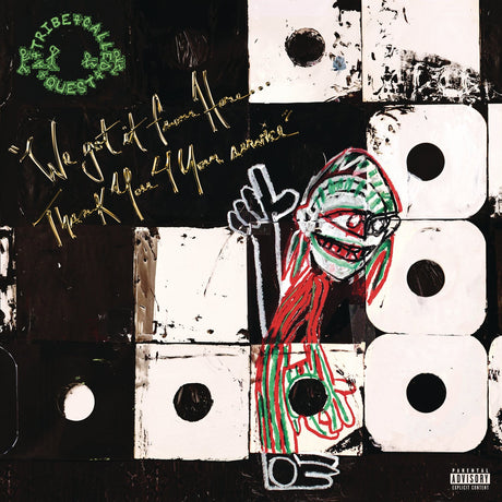 Album cover with cassette tapes and abstract design, featuring text and a hand gesture.