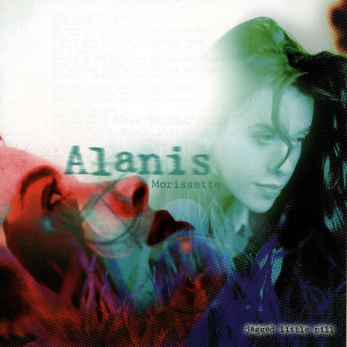 Album cover for Alanis Morissette's 'Where Is My Life?', featuring a stylized, color-tinted portrait of the artist with red, green, and blue overlays on a white background with faint text.