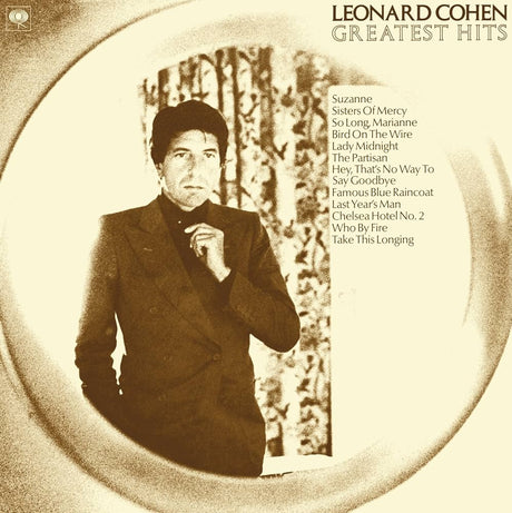 Album cover of Leonard Cohen's 'Greatest Hits' with a portrait and list of songs.