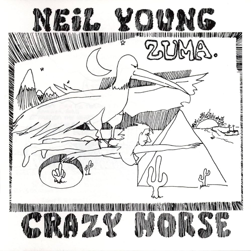 Album cover for 'Zuma' by Neil Young and Crazy Horse with a stylized illustration of a pelican and desert landscape.