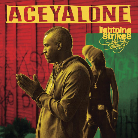 Album cover with a person in front of a red and green background, featuring the text 'ACEYALONE' and 'lightning strikes'.