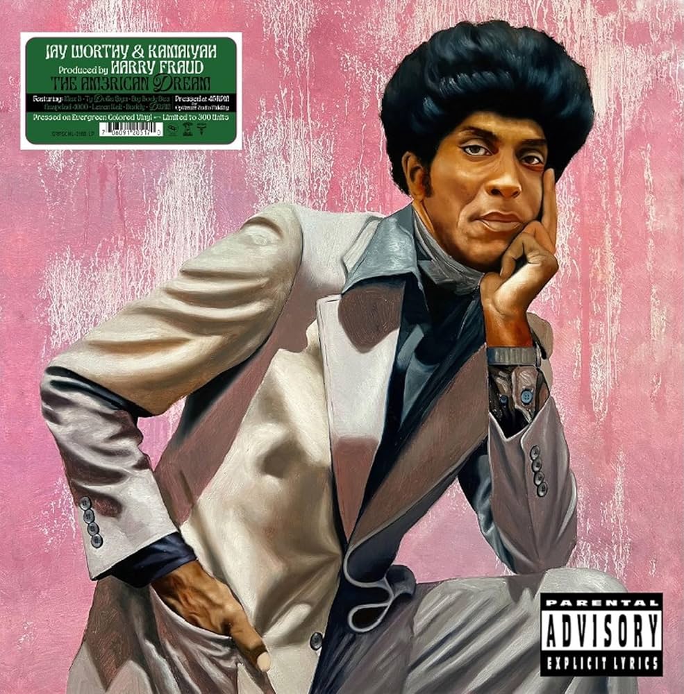 Album cover with a stylized portrait of a man in a suit against a pink background, featuring a 'Parental Advisory' label.