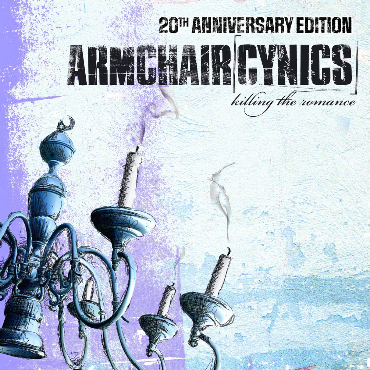 Album cover for 'Armchair Gynics' 20th Anniversary Edition with chandelier illustration and text.