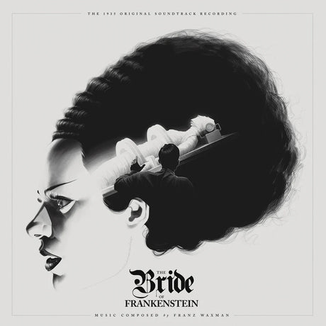 Album cover for 'The Bride of Frankenstein' soundtrack with a black and white illustration of a woman's face and a creature.