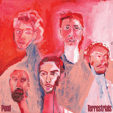 Album cover with stylized portraits of men on a red and pink background, featuring the text 'Pond' and 'Terrestrials'.