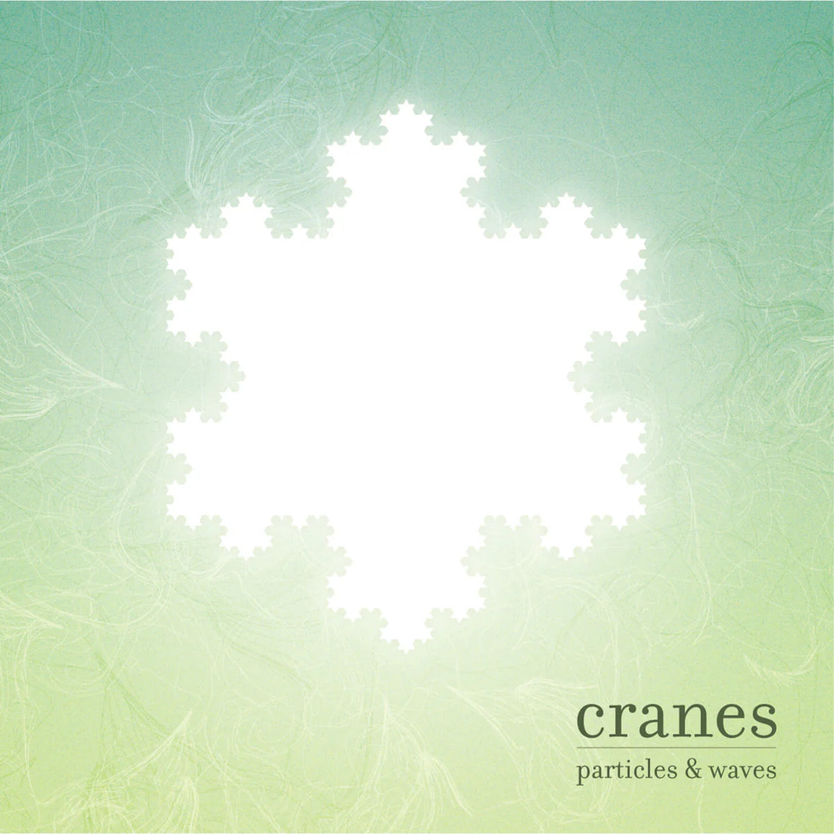 Album cover with a fractal design and text 'cranes particles & waves' on a green gradient background