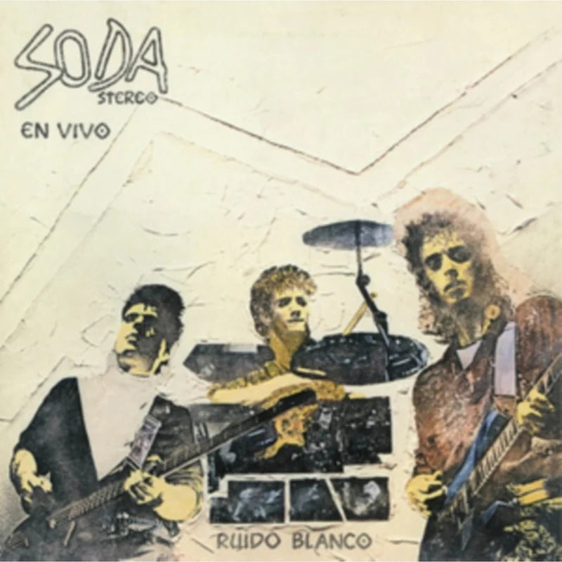 Album cover of Soda Stereo with band members and text 'SODA Stereo En Vivo Ruido Blanco'.