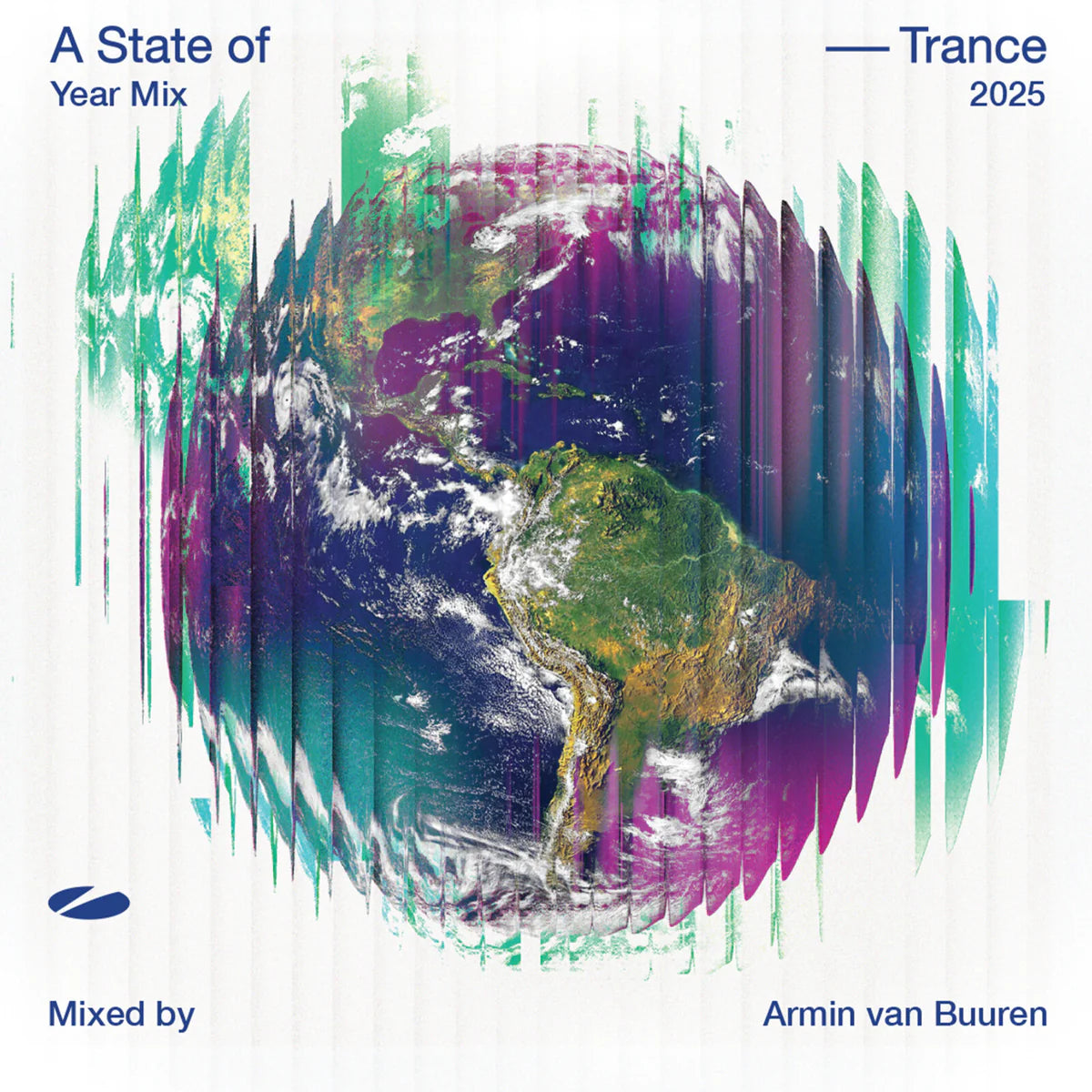 Album cover for 'A State of Trance 2025' with a colorful Earth graphic and Armin van Buuren's name.