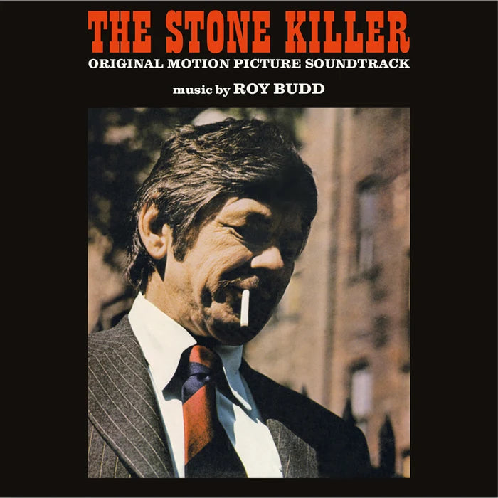 Album cover for 'The Stone Killer Original Motion Picture Soundtrack' with large orange title text at the top, white subtitle text, and a central portrait of a man in a suit holding a cigarette against a dark background.
