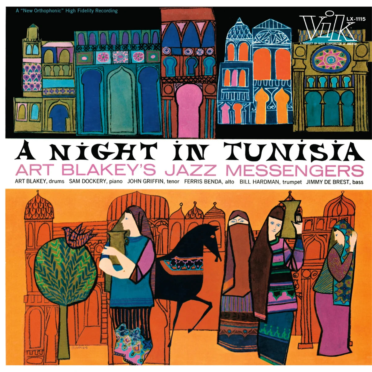 Album cover for 'A Night in Tunisia' by Art Blakey's Jazz Messengers with colorful architectural designs and people.