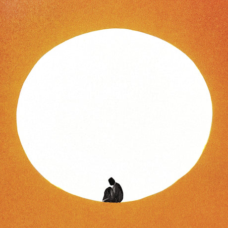 Person sitting inside a large white circle on an orange background