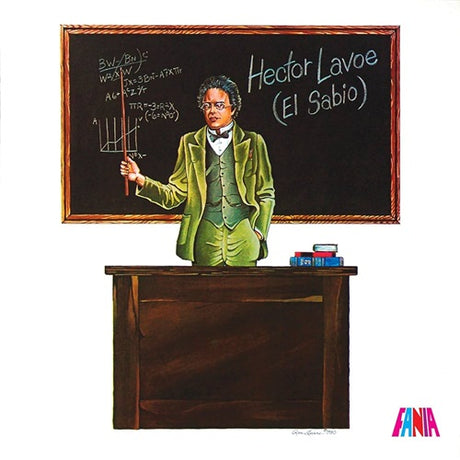 Illustration of a person in a green suit standing at a desk with a blackboard behind them, labeled 'Hector Lavoe (El Sabio).'