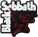 A black and white Black Sabbath logo patch featuring the band name in white and a red running demon silhouette on a black background.