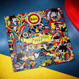 Colorful album cover with The Beatles' artwork on a blue and yellow textured surface