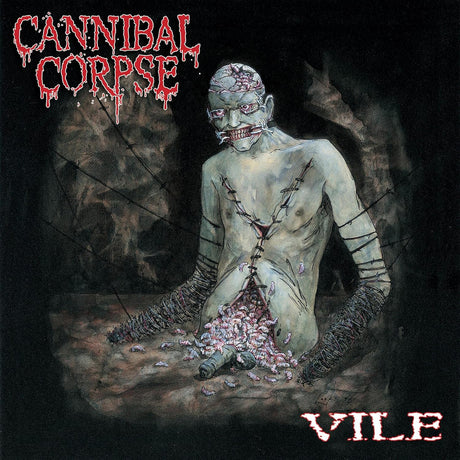 Album cover for 'Cannibal Corpse Vile' featuring a grotesque figure with text.