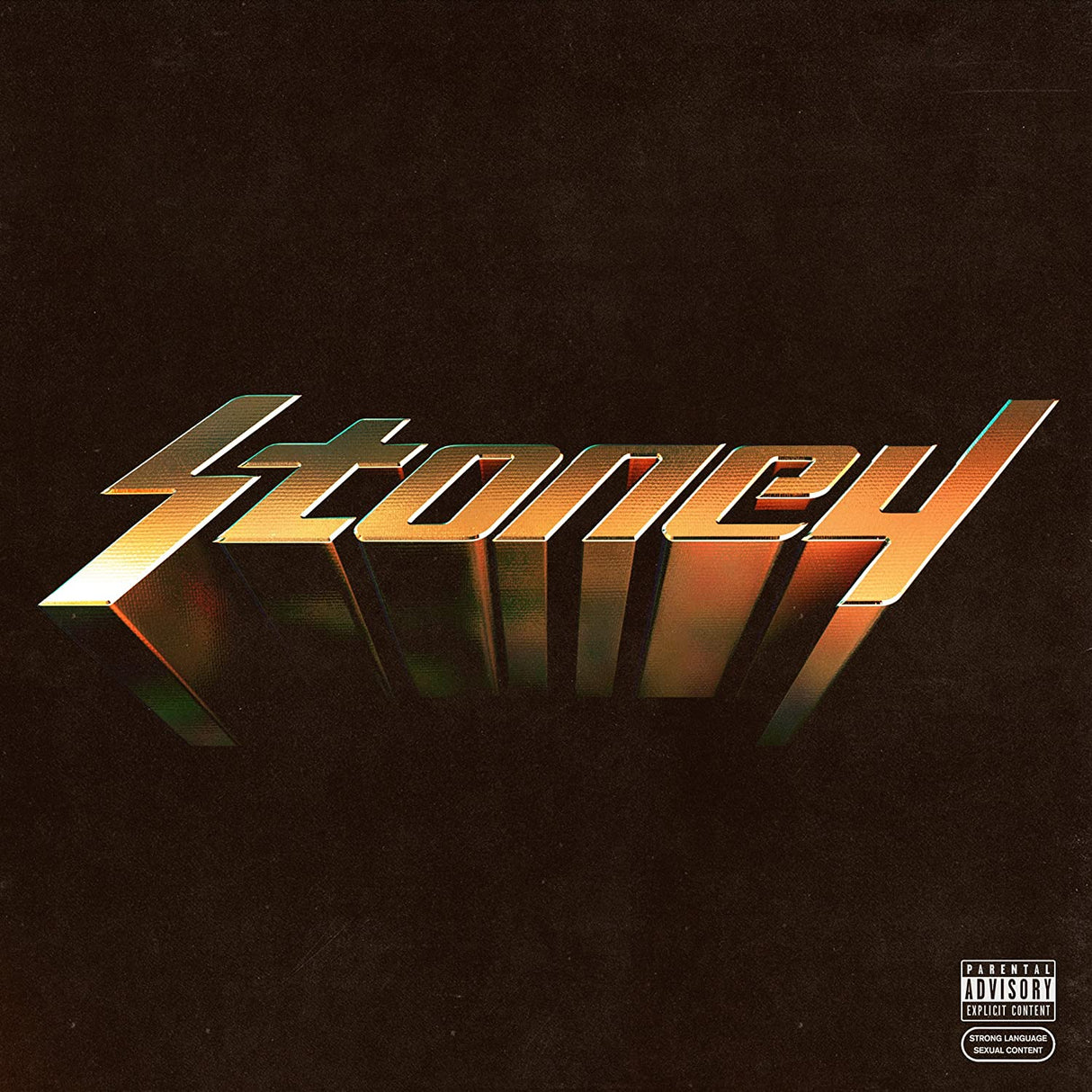 Album cover with 'Stoney' text in metallic letters on a dark background