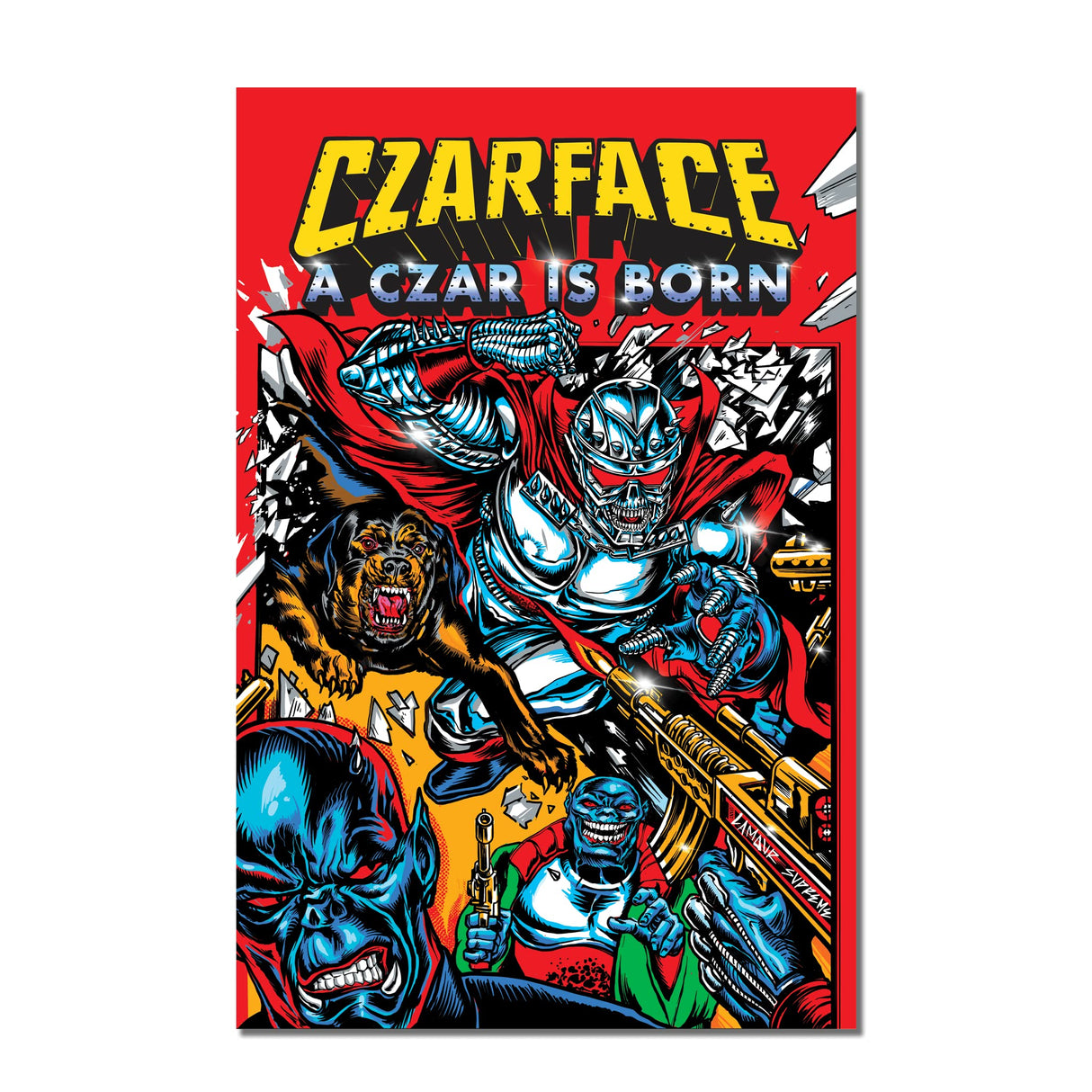 Poster of Czarface with a stylized illustration of a character and text on a red background