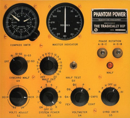 Record album cover for The Tragically Hip - Phantom Power featuring a yellowish tone with dials and text indicators related to the album tracks.