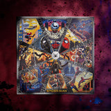 A square Spider-Man themed artwork or album-style cover featuring a dense collage of comic-book characters, webs, and the Spider-Man logo at the center, set against a dark red textured background.