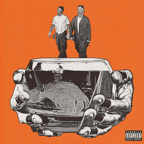 Album cover with a car, hands, and two figures on an orange background