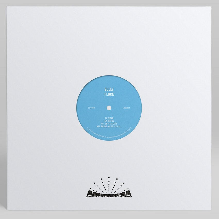 A vinyl record partially pulled from a white outer sleeve, showing a light blue center label with the text 'SULLY FLOCK' and a black Astronomica logo printed near the bottom of the sleeve.