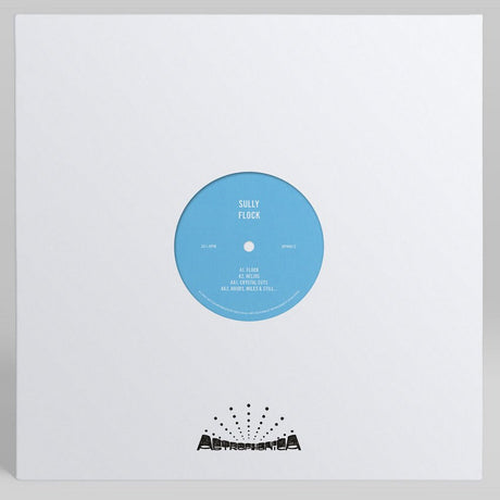 A vinyl record partially pulled from a white outer sleeve, showing a light blue center label with the text 'SULLY FLOCK' and a black Astronomica logo printed near the bottom of the sleeve.