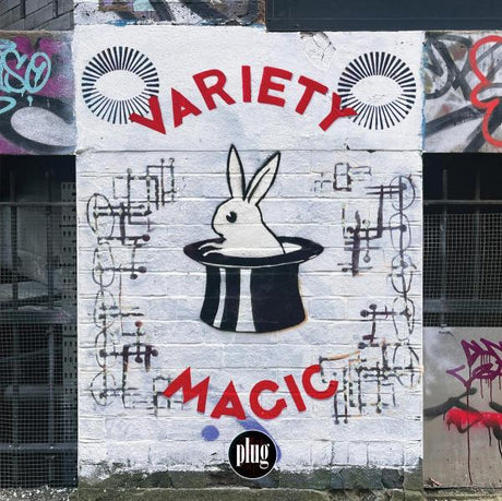 Graffiti art on a wall with 'VARIETY MAGIC' and a rabbit in a hat design.