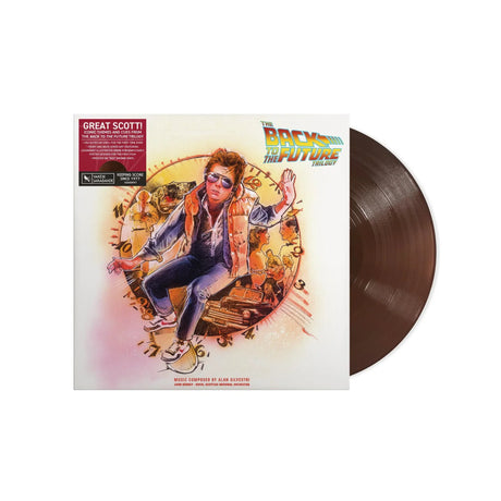 Vinyl record with 'Back to the Future' cover featuring a character in a time machine.