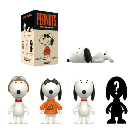 Peanuts-themed action figures with packaging on a white background