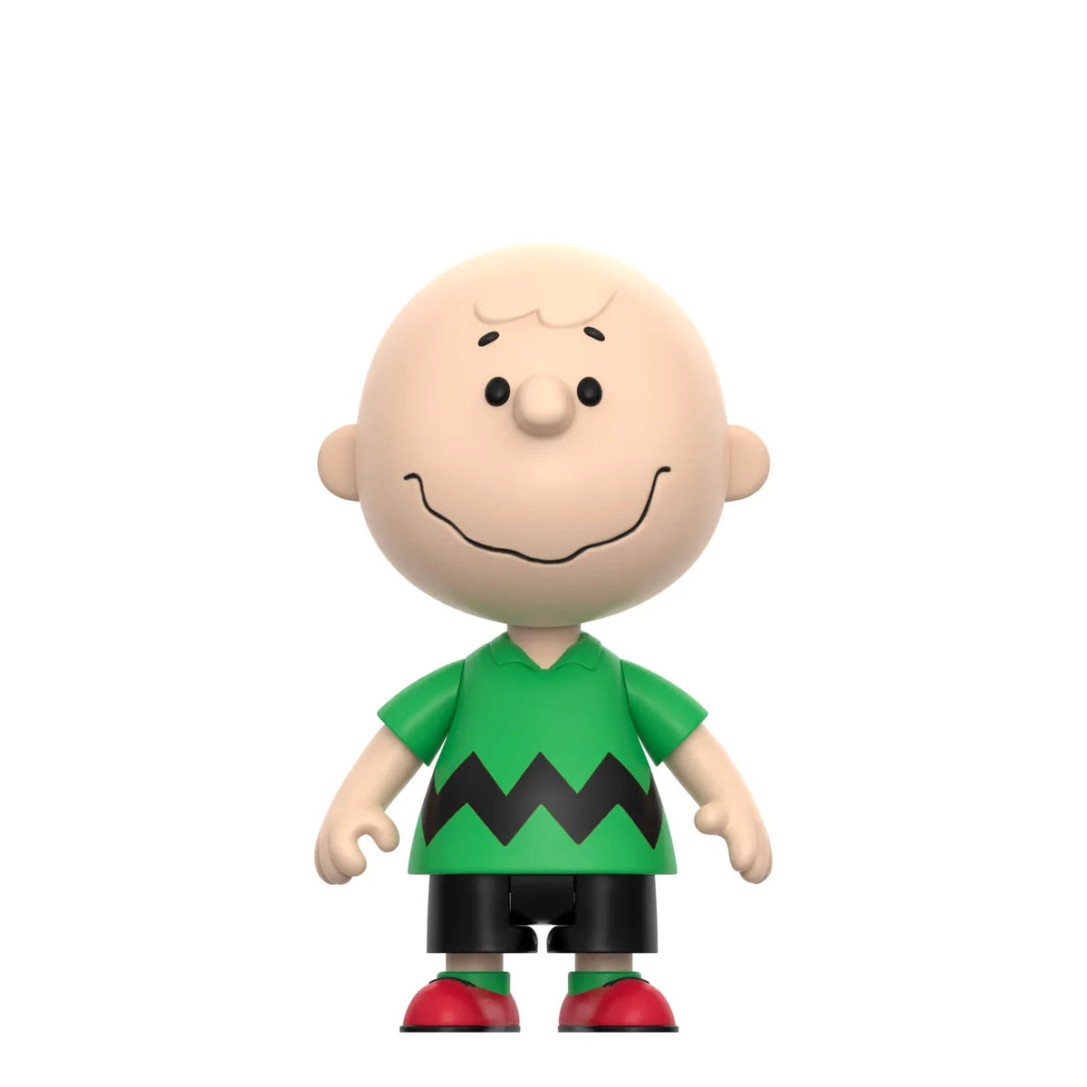 Toy figure of a character wearing a green shirt with black zigzag pattern and red shoes on a white background