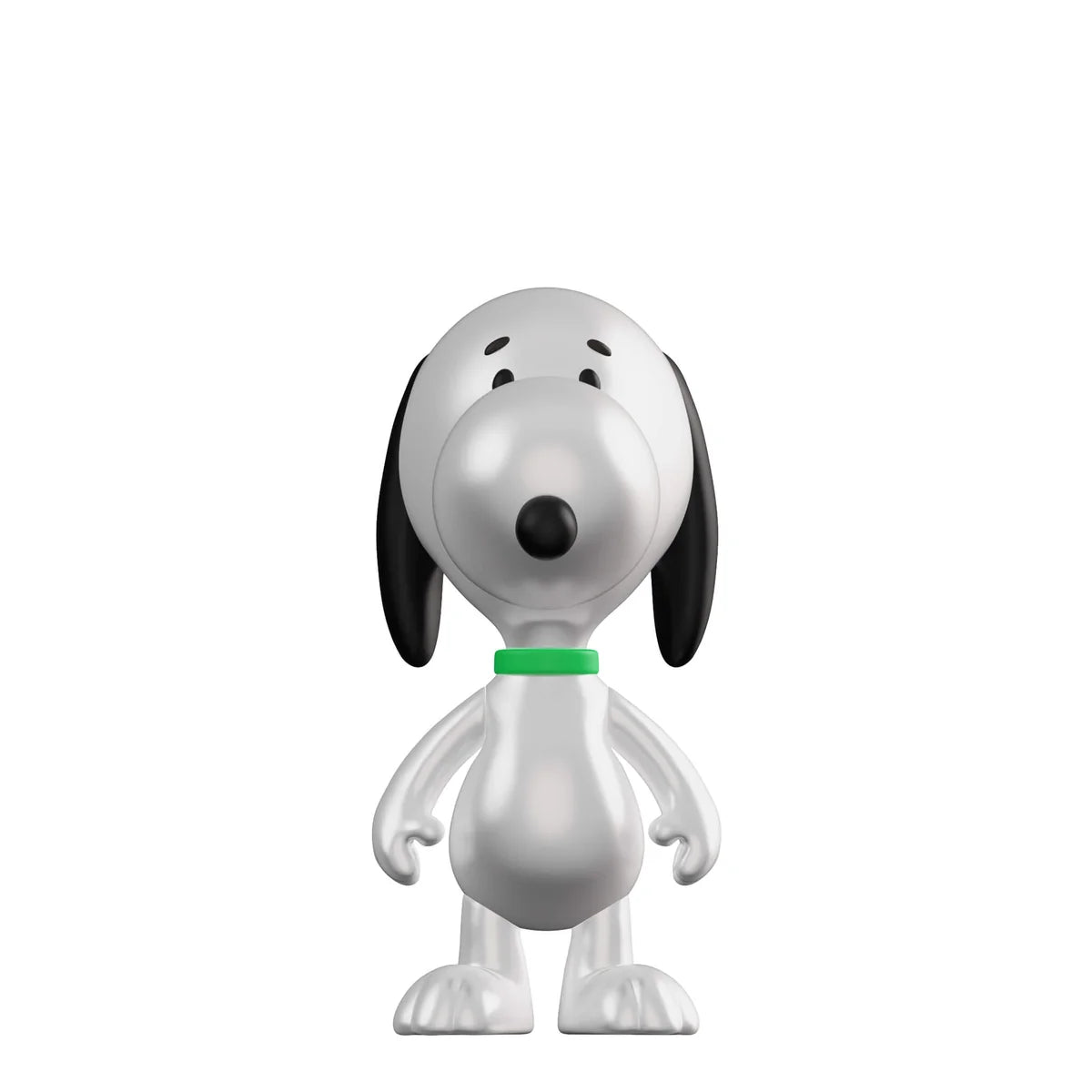 A stylized collectible figurine of Snoopy, the white cartoon dog with black ears and nose, wearing a bright green collar, centered on a plain white background.