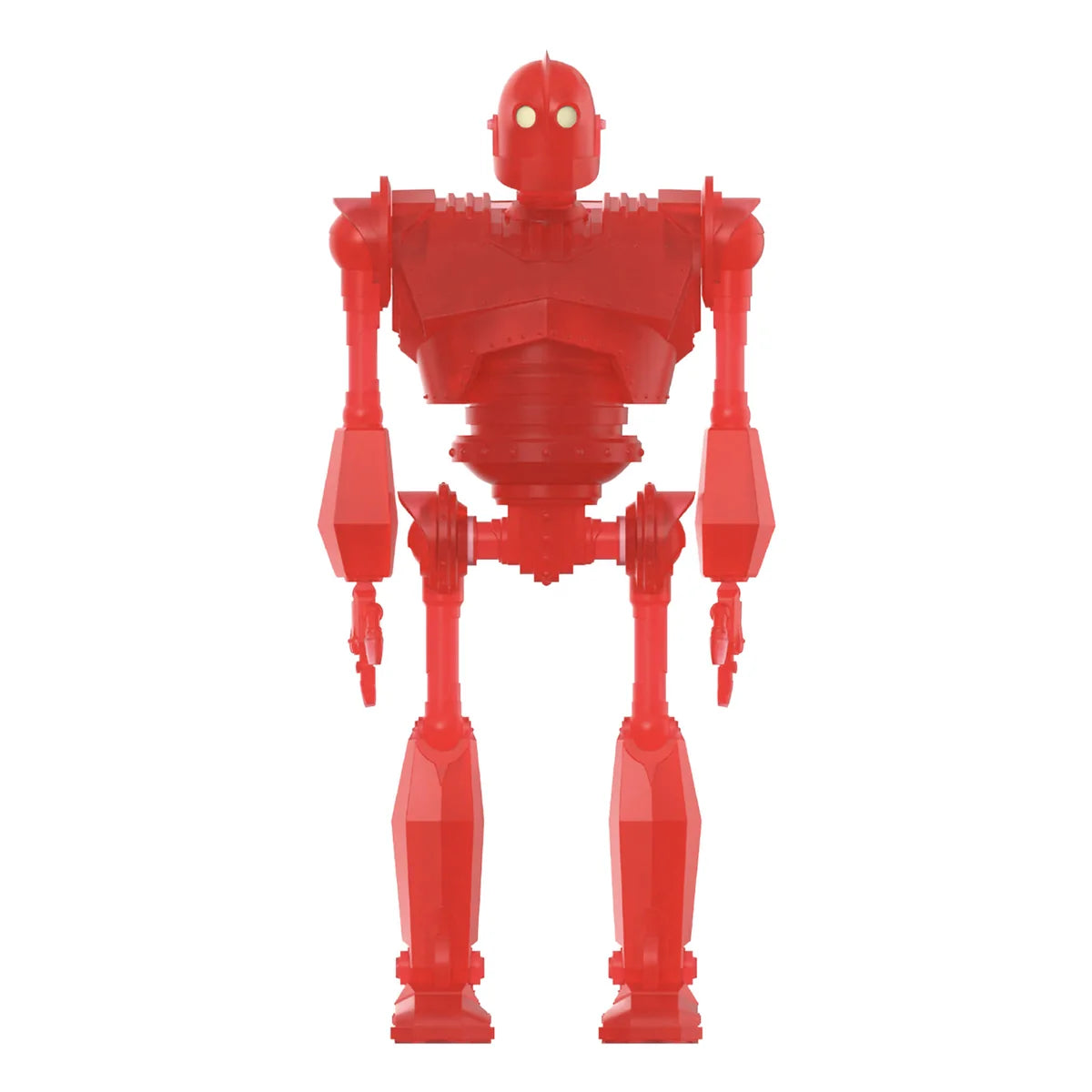 A red humanoid robot figure with a blocky, geometric design and small yellow eyes, standing against a plain white background.