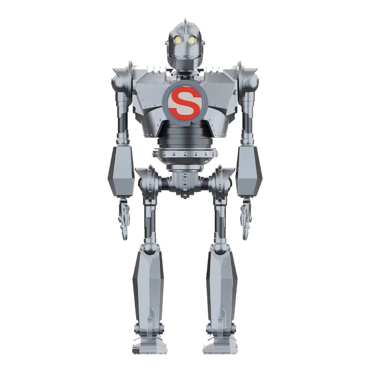 Metallic robot figure with a red 'S' logo on a white background