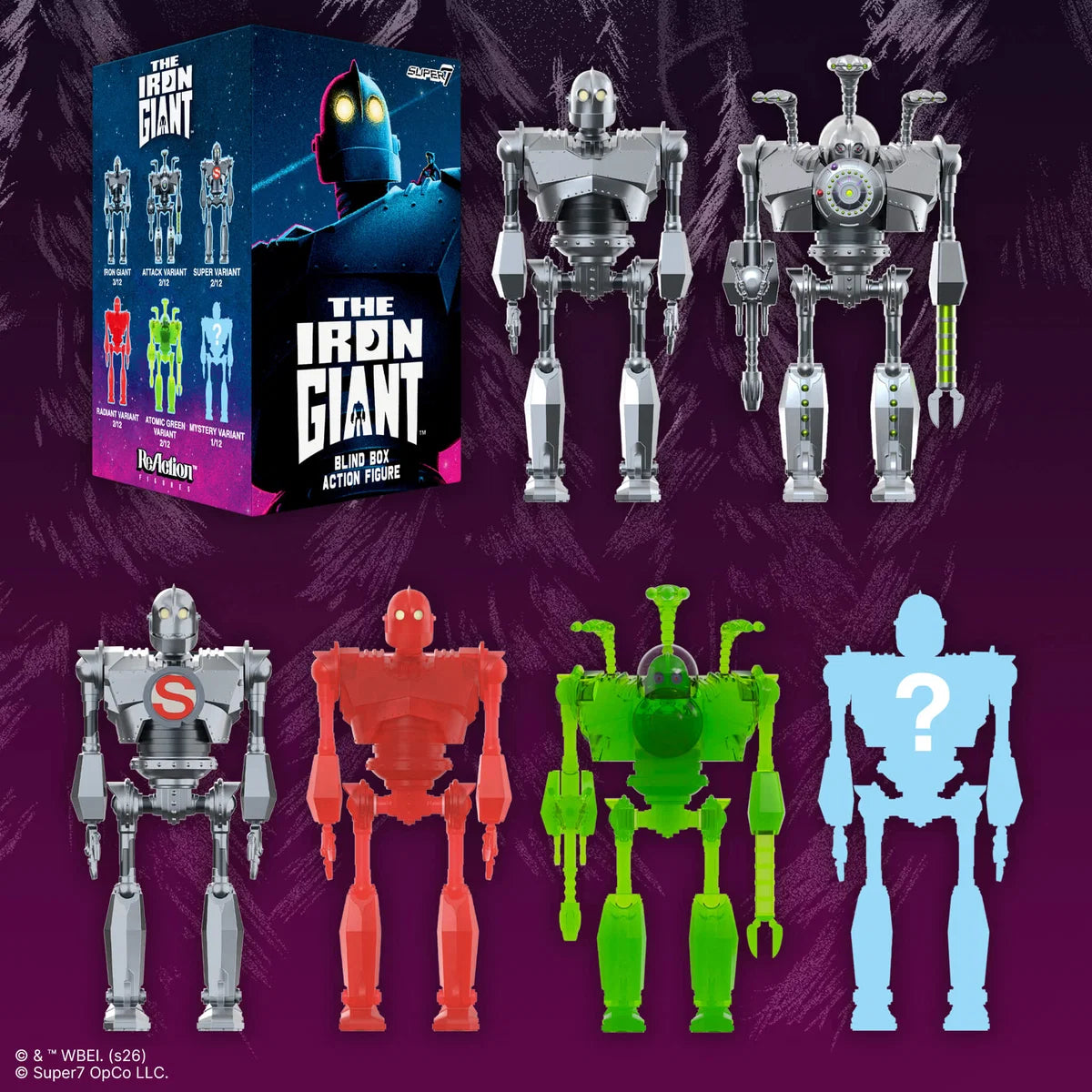 Four Iron Giant action figures and their packaging arranged on a dark purple textured background. The set includes a silver robot figure, a red robot figure, a green robot figure, and a light blue mystery figure silhouette, alongside a branded box and a second silver figure.