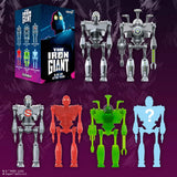 Four Iron Giant action figures and their packaging arranged on a dark purple textured background. The set includes a silver robot figure, a red robot figure, a green robot figure, and a light blue mystery figure silhouette, alongside a branded box and a second silver figure.