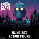Promotional graphic for a The Iron Giant blind box action figure, featuring a large metallic robot head with glowing yellow eyes against a starry purple and pink sky, with the text 'BLIND BOX ACTION FIGURE' at the bottom and the The Iron Giant logo at the top left.